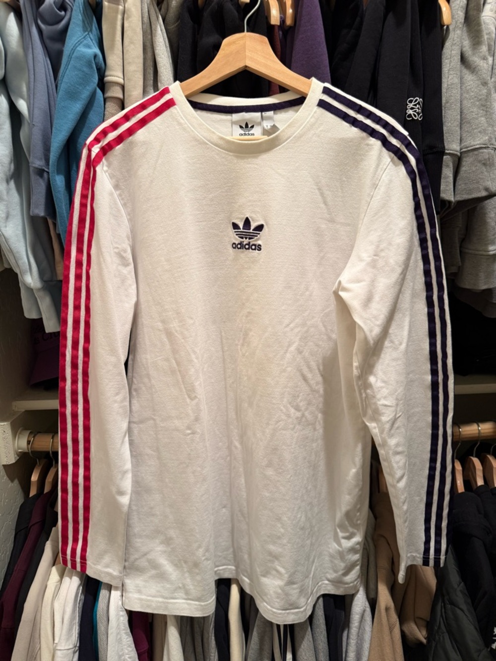 adidas White Long-Sleeve Trefoil Tee with Pink & Purple Shoulder Stripes